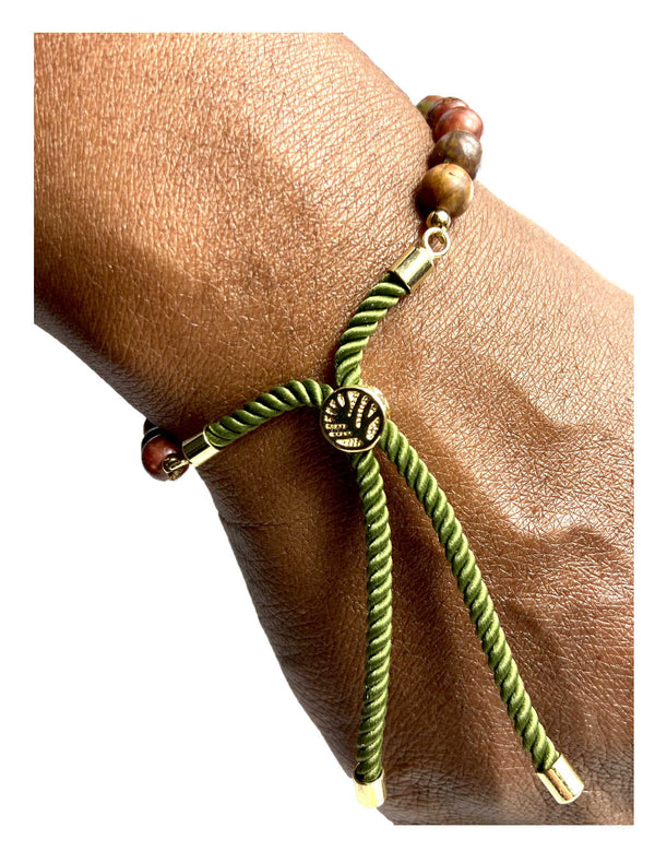 bracelet avec pierre jaspe picasso, couleur vert et marron, ajustable, palqué or, homme et femme, boutique sri-shop.com