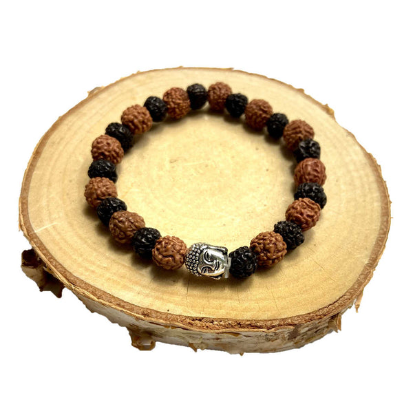 bracelet rudraksha noir et marron, avec tete de bouddha, chakra, equilibre, zen, boutique sri-shop.com