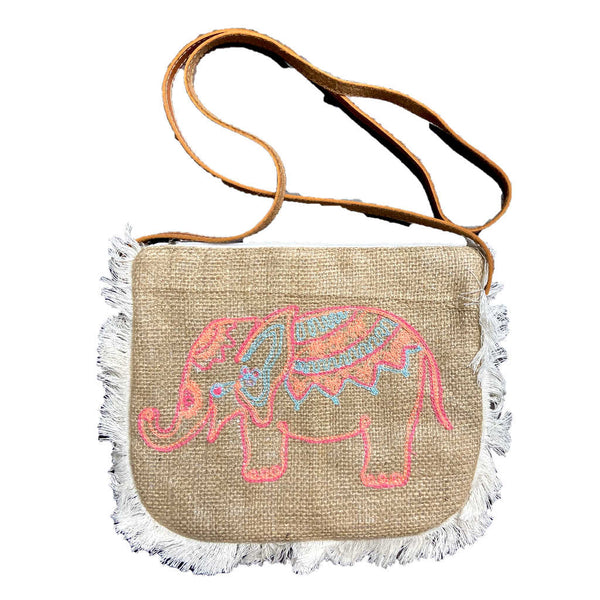 sac à main avec frange, en jute, avec motif elephant coloré, longue anse en pvc, cadeau pour fille, boutique sri-shop