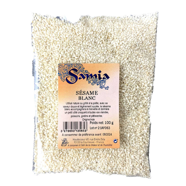 griane de sésame blanc, non grillé, pour cuisine et patisserie, 100g marque Samia, boutique sri-shop.com